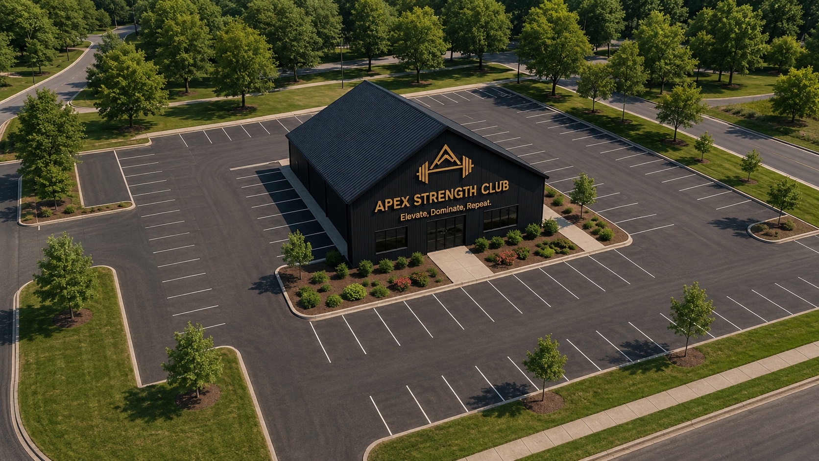 Aerial rendering of the Apex Strength Club building and parking lot on Liberty Avenue