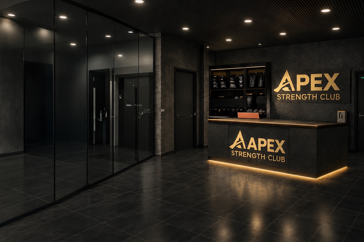 Rendering of the Apex Strength Club lobby and front desk with gold signage