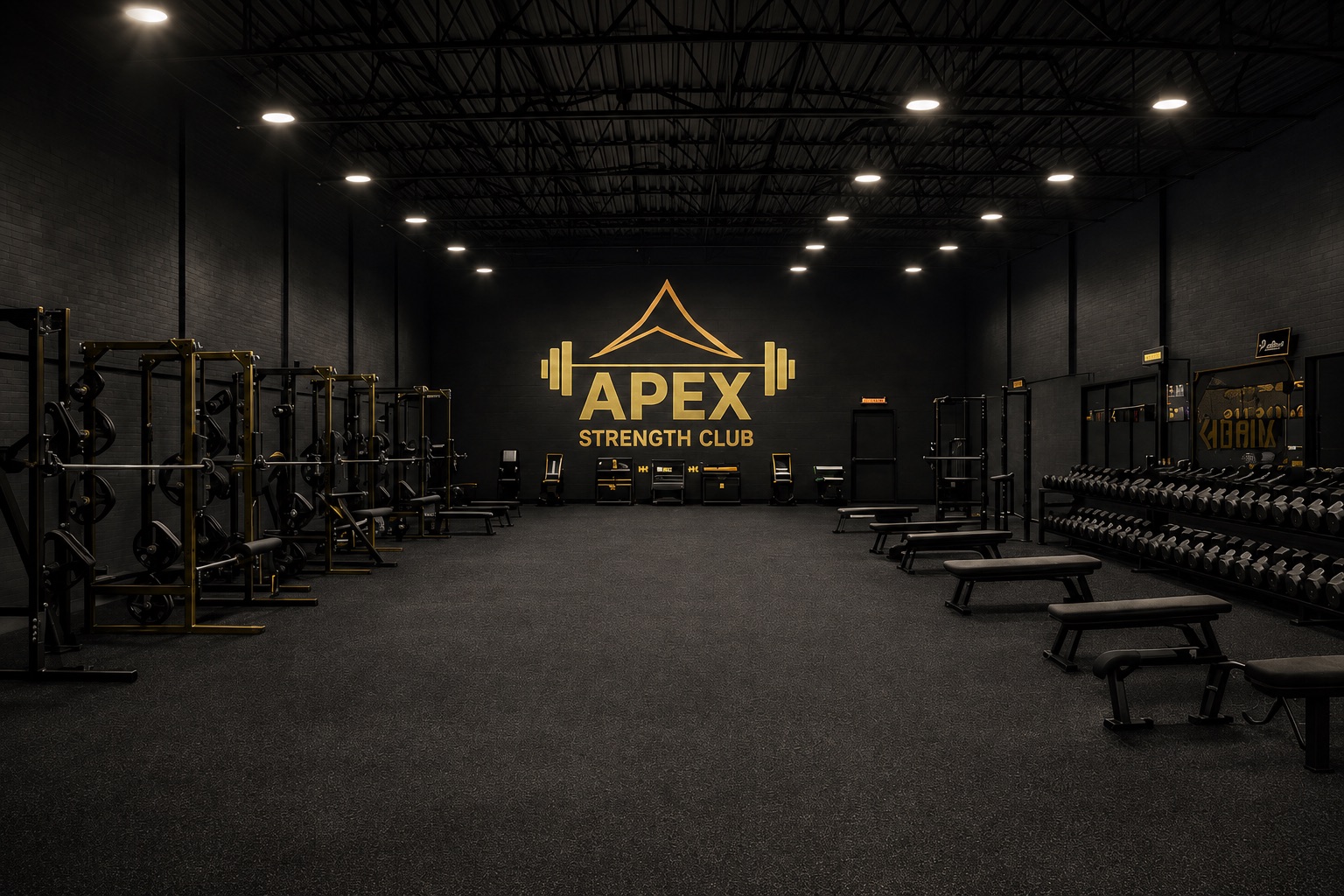 Rendering of the Apex Strength Club main weight room with racks and the gold Apex wordmark on the back wall
