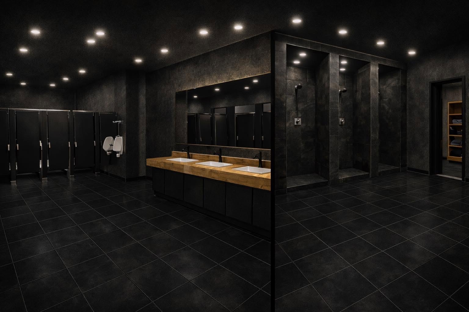Rendering of the Apex Strength Club locker room and shower area with black tile and warm wood