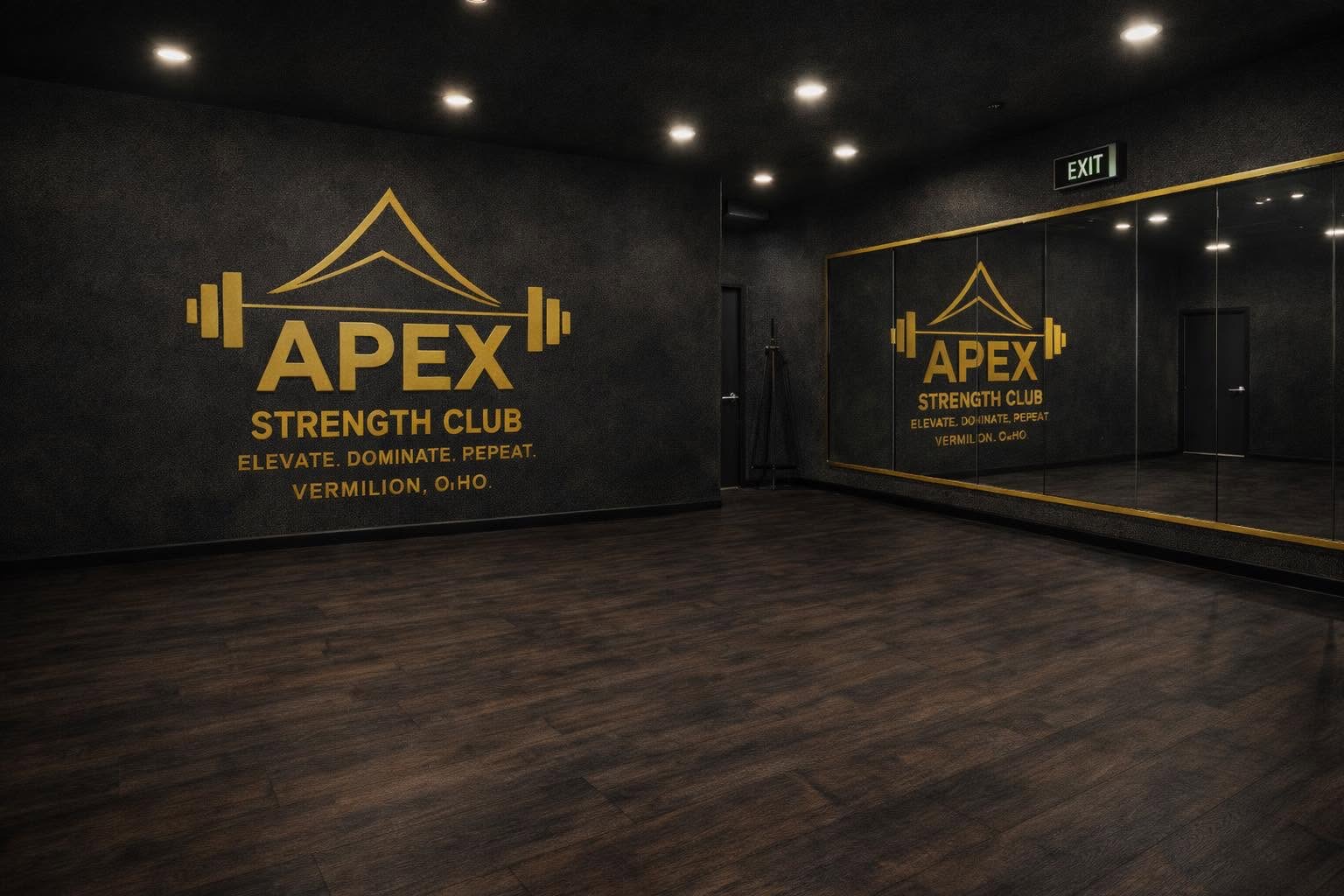 Rendering of the Apex Strength Club posing room with mirrored wall and gold branding